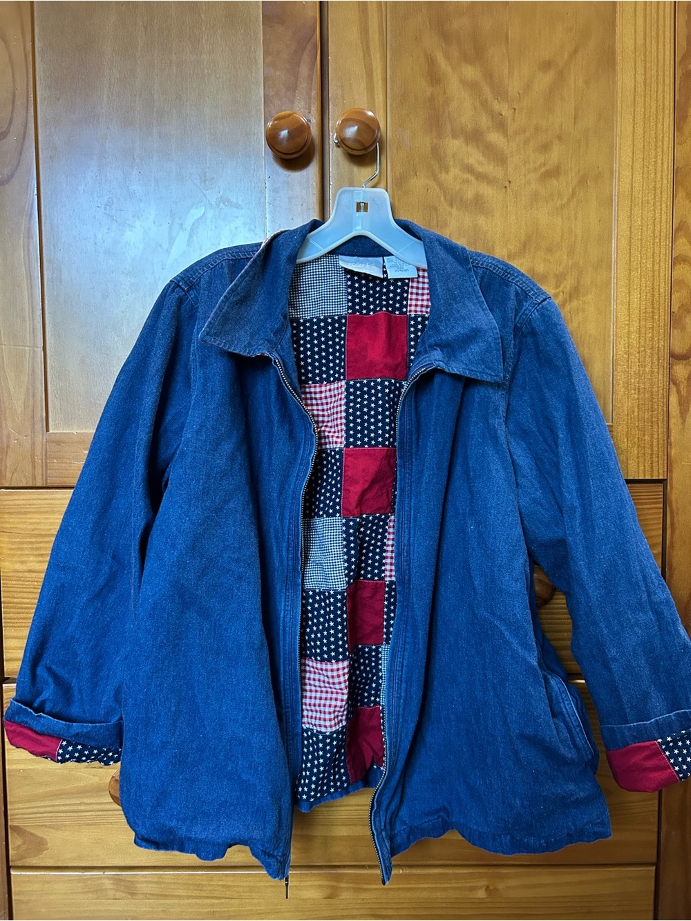 Blue Women's Denim Jacket with Red Patchwork Lining 100% cotton. Sooo cute!